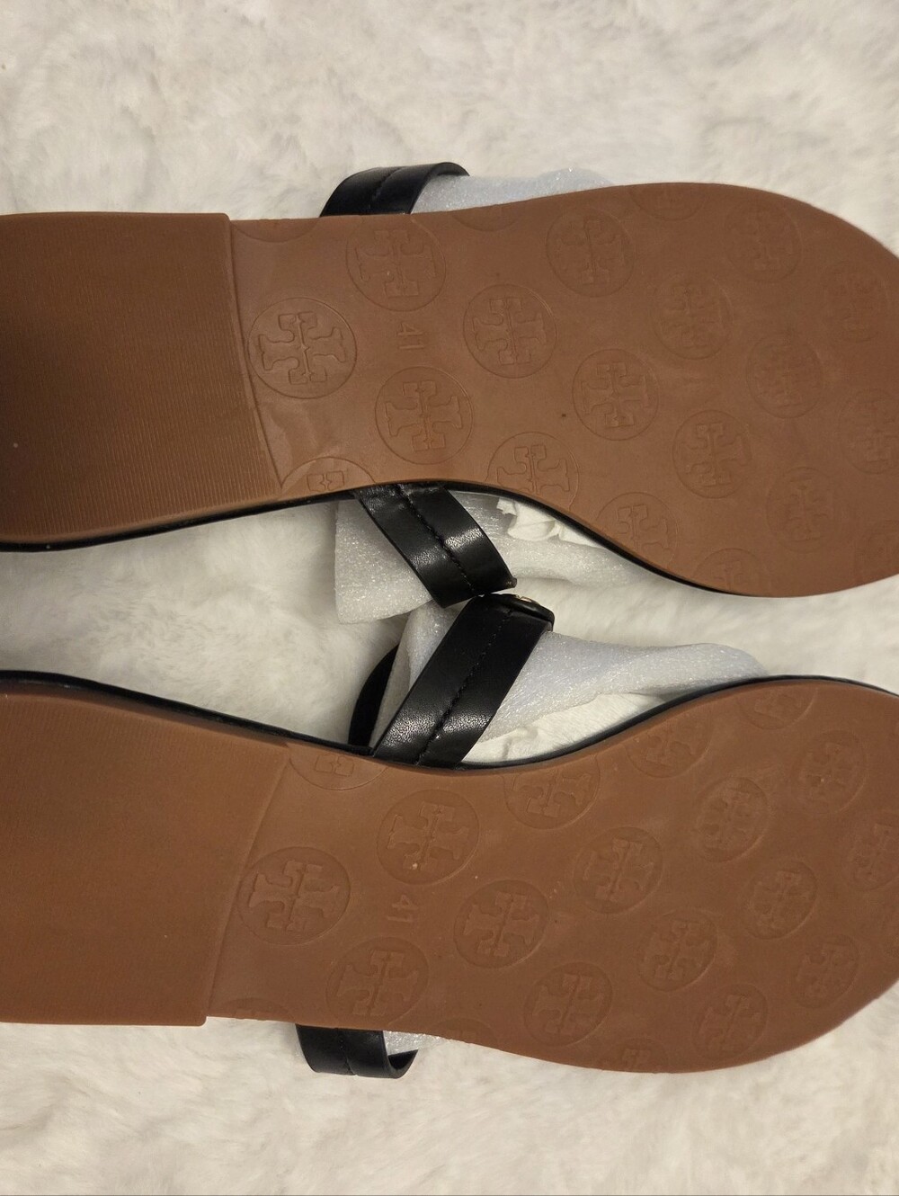 Tory Burch Black Strappy Flat Sandals with Brown Soles